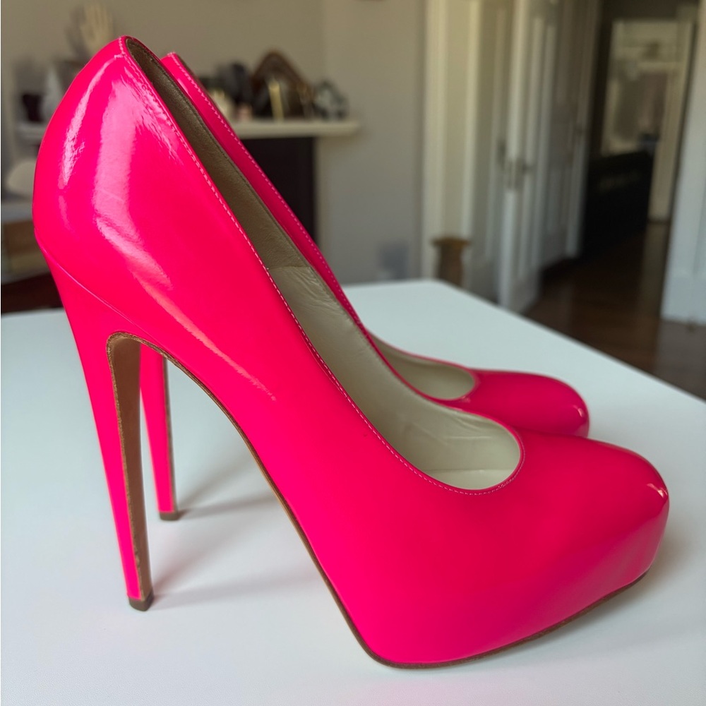 Brian Atwood Hot Pink Patent Leather Platform Pumps